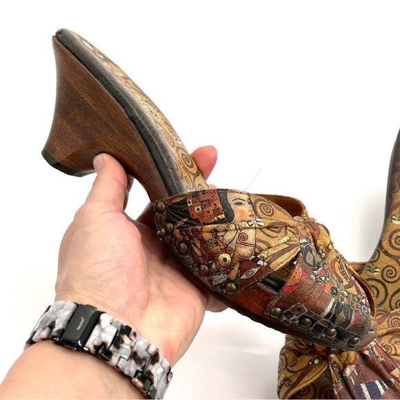 Jcon painted tan brown leather peep toe wooden wedge sole size 9.5 - Picture 11 of 12